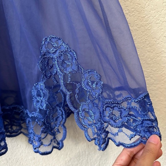VINTAGE FREDERICKS OF HOLLYWOOD Lace See-Through Babydoll Chemise Slip Blue - Picture 4 of 10